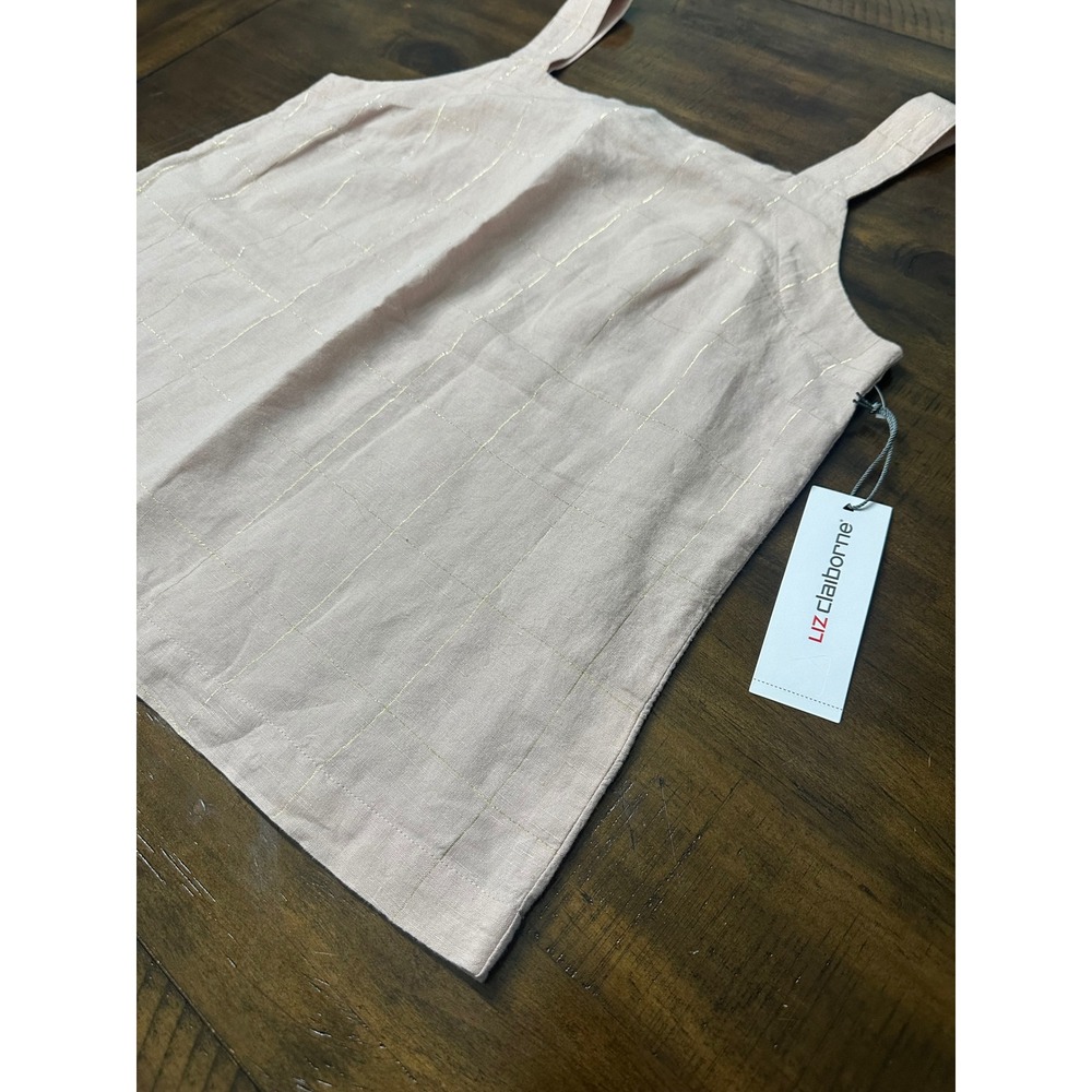 Liz Claiborne Womens Rose Quartz Plaid Linen Blend Tank Top Pink Gold Metallic M - Picture 2 of 8